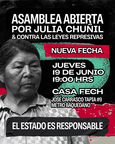 Convocatoria a asamblea de coordinación por verdad y justicia por Julia Chuñil en la FECh